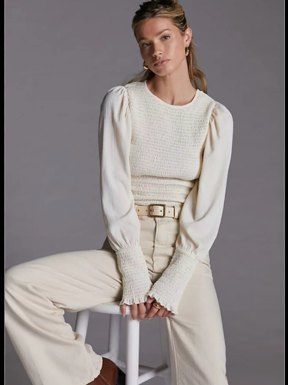 Anthropologie Smocked Puff Sleeve Top Ivory Cream Long Sleeve Size XS